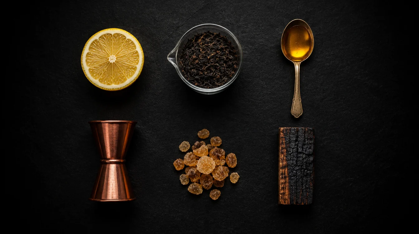 Ingredients laid out on a black bench: lemon, black tea, honey, cane sugar, a copper jigger and a charred oak stave.