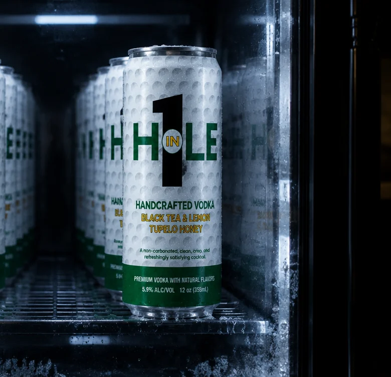 Cans facing up in a dark retail cooler.