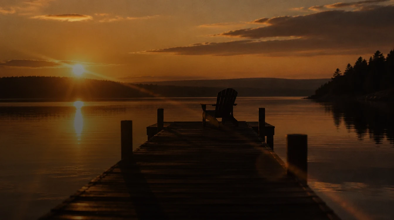 A wooden dock reaching into still water at golden hour.