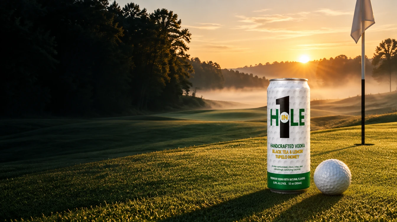 A can of Hole in 1 beside a ball on the green at first light, flagstick behind.