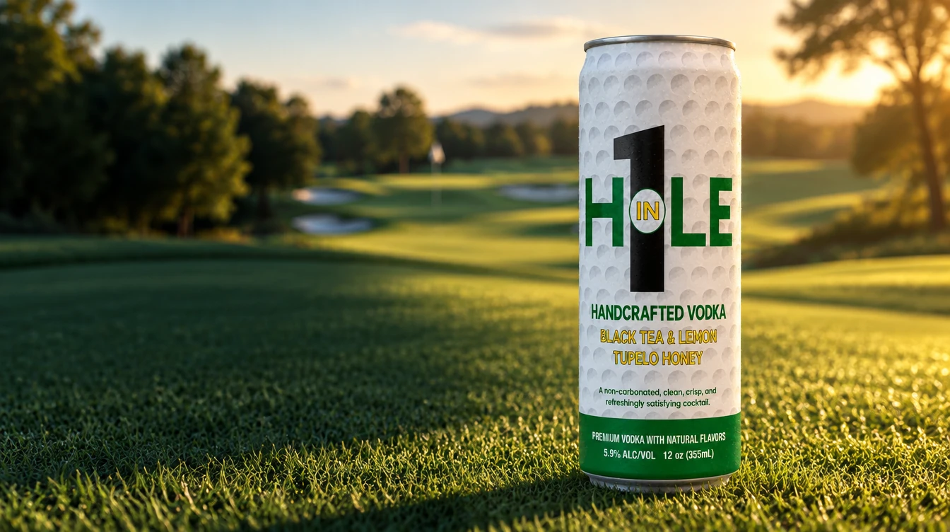 A can of Hole in 1 standing on the fairway, the green and flagstick behind.