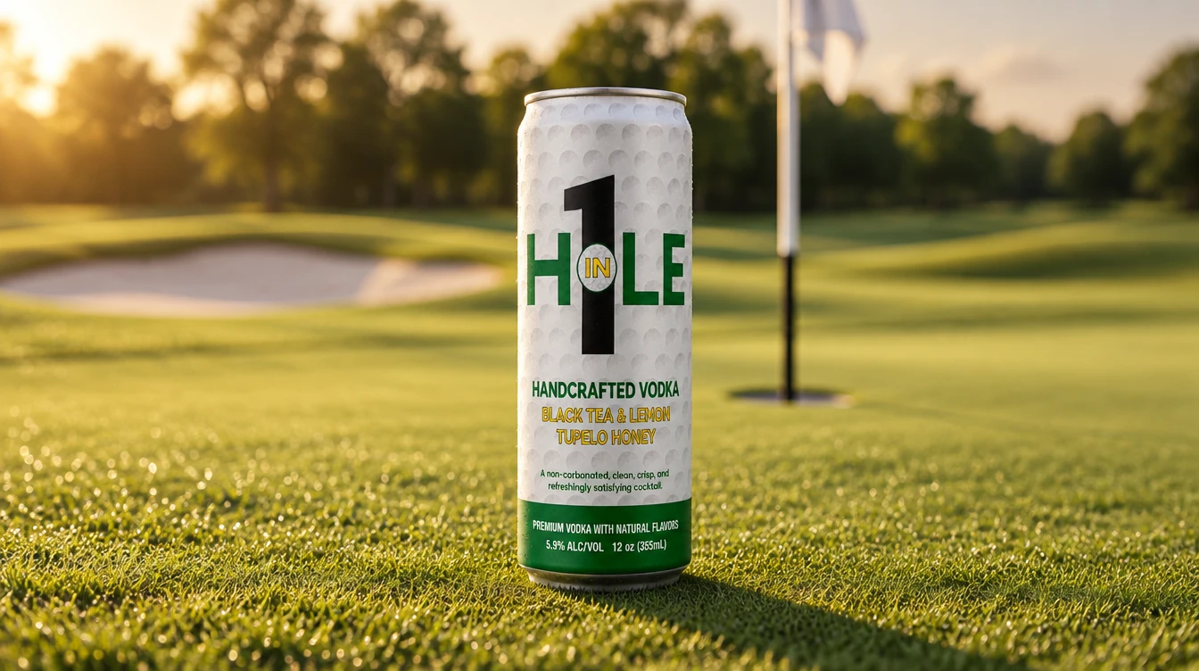 A can of Hole in 1 on the apron beside the green, flagstick and bunker behind.