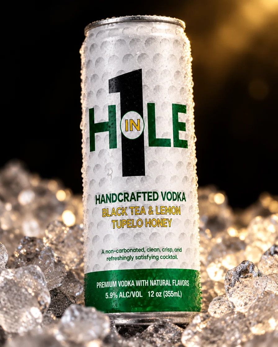 A can of Hole in 1 pressed into crushed ice.