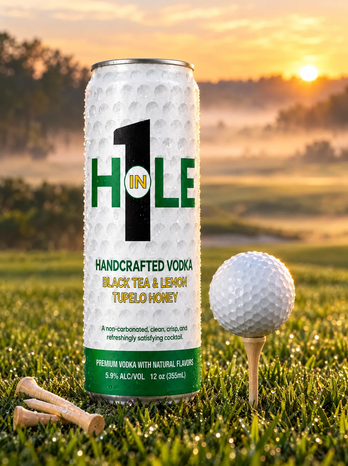A can on the tee box at first light.