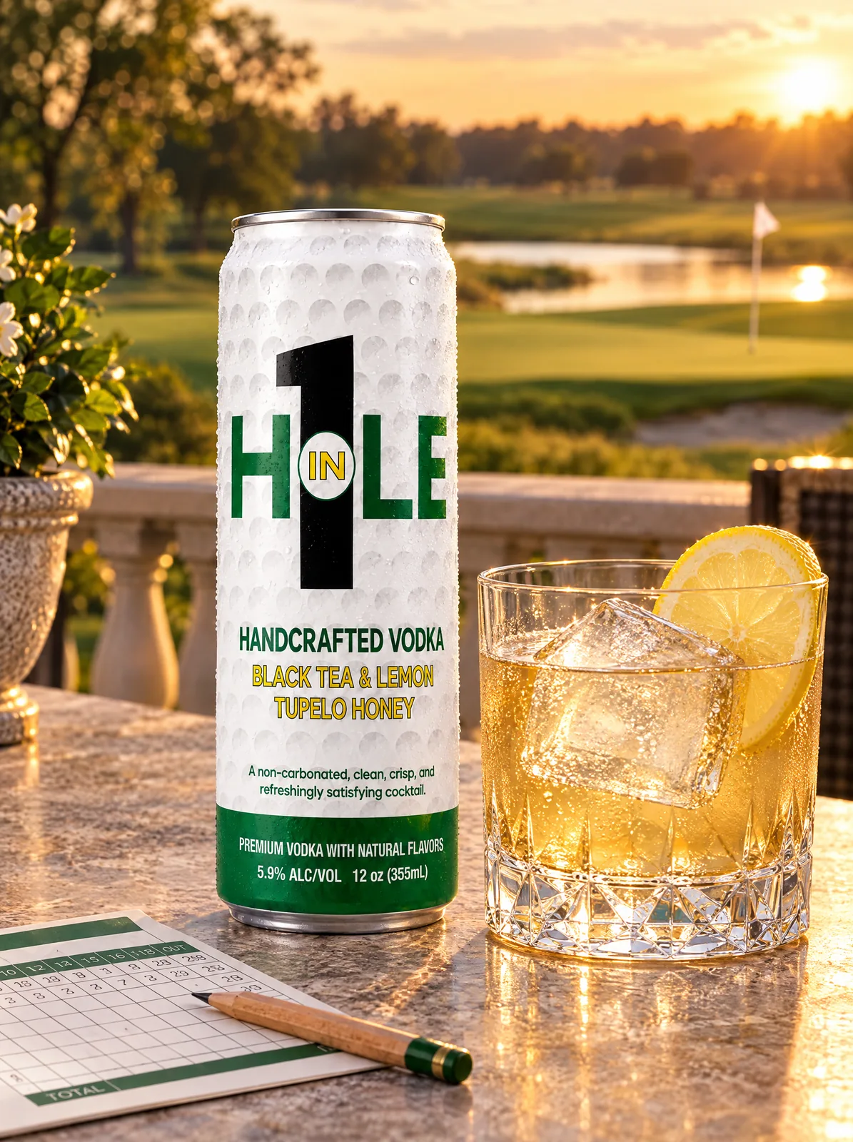 Friends on a clubhouse terrace with cans of Hole in 1.