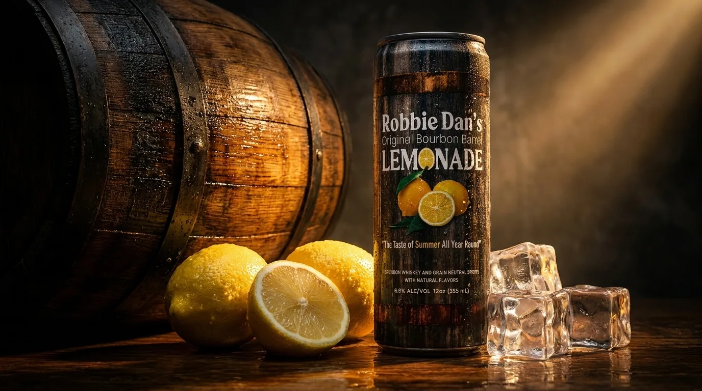 A can of Robbie Dan’s beside a bourbon barrel.