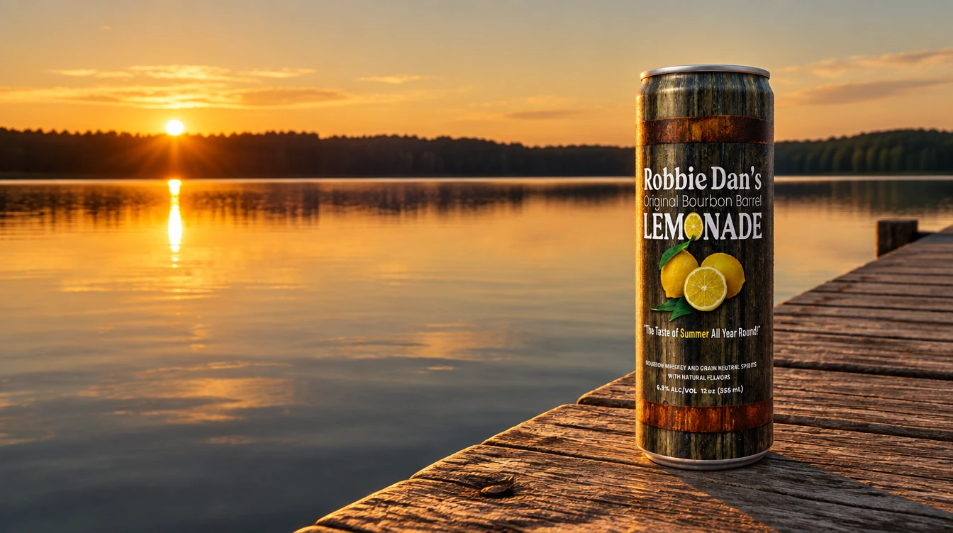 A can of Robbie Dan’s on a lake dock at sunset.