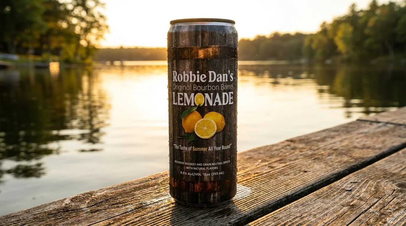 A can of Robbie Dan’s on a lake dock at sunset.