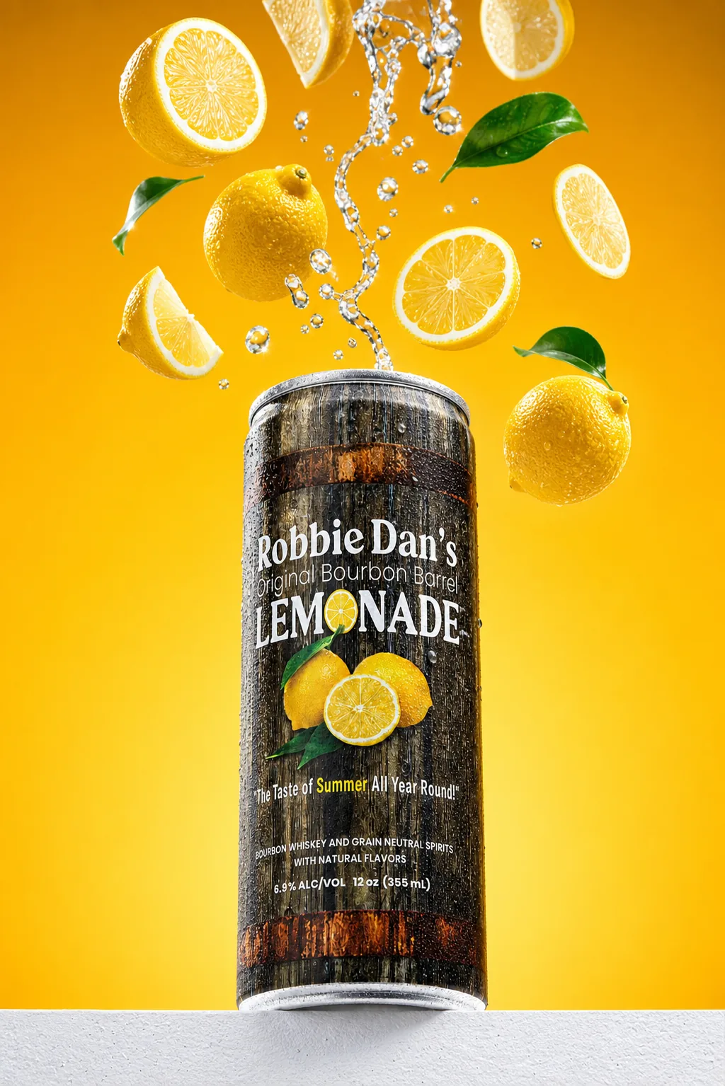 A can of Robbie Dan’s in a burst of lemon and ice.
