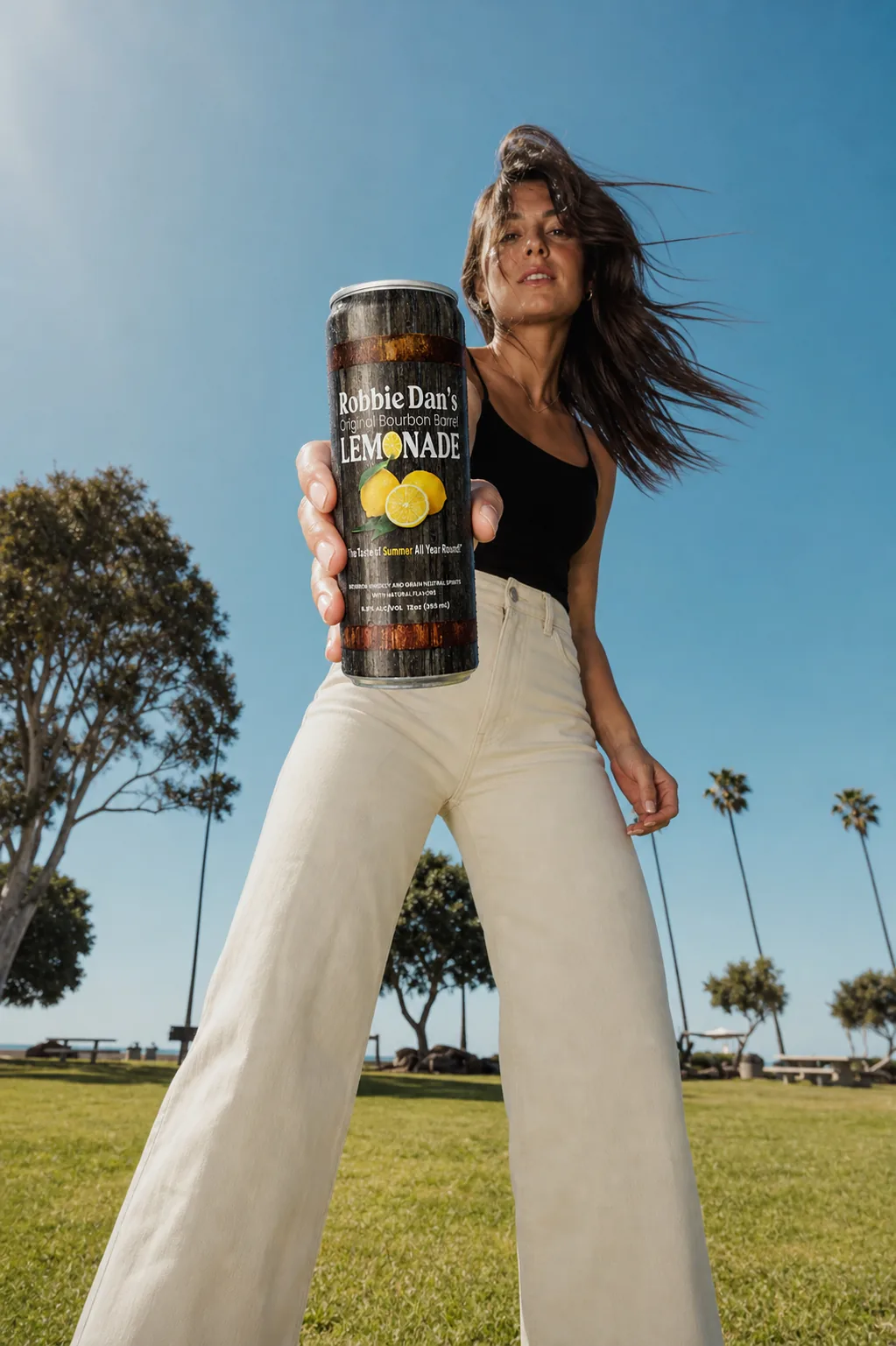 Friends in a park with cans of Robbie Dan’s.